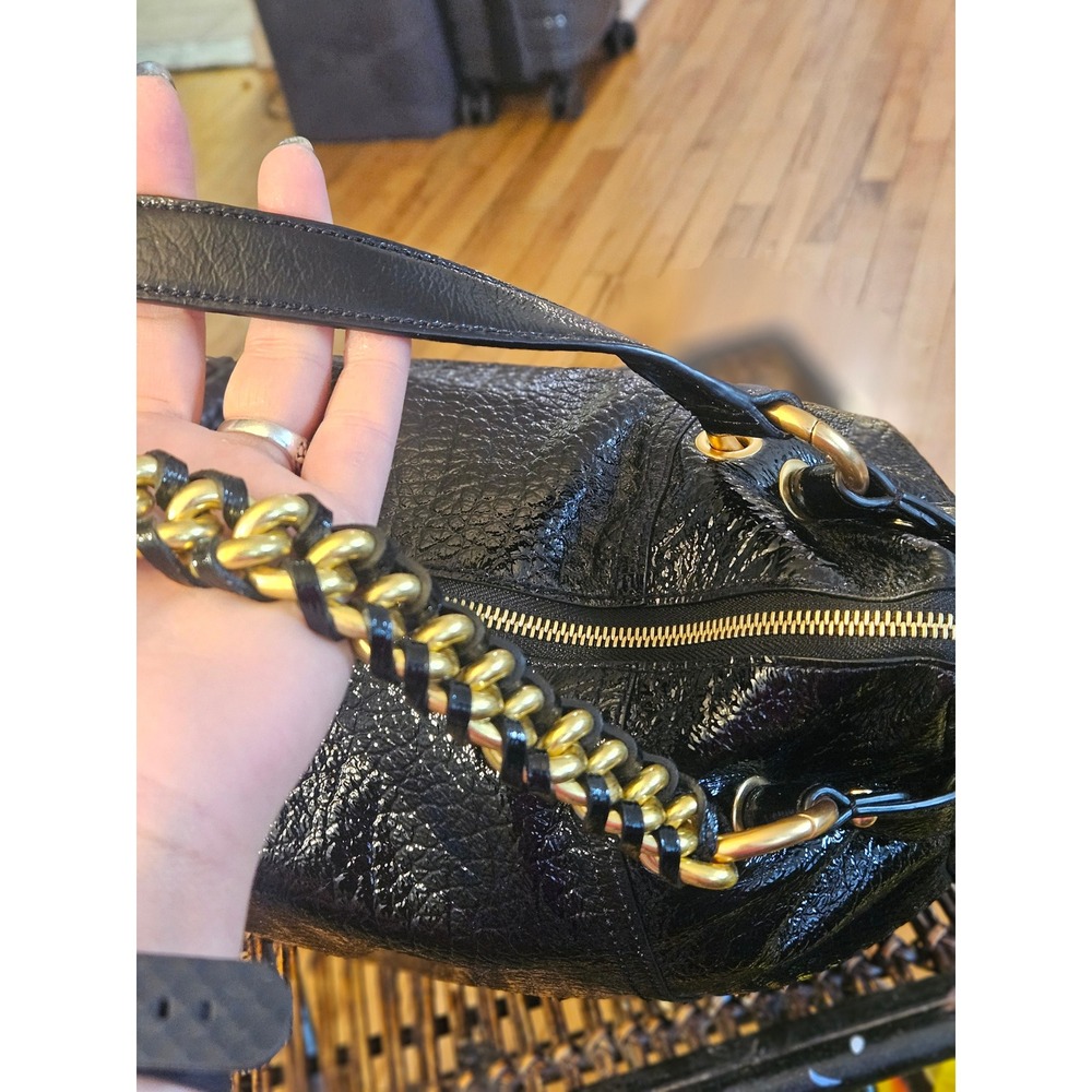 Michael Kors Fulton Black Crinkled Patent Leather Hobo Bag Gold Chain Strap - Picture 10 of 11